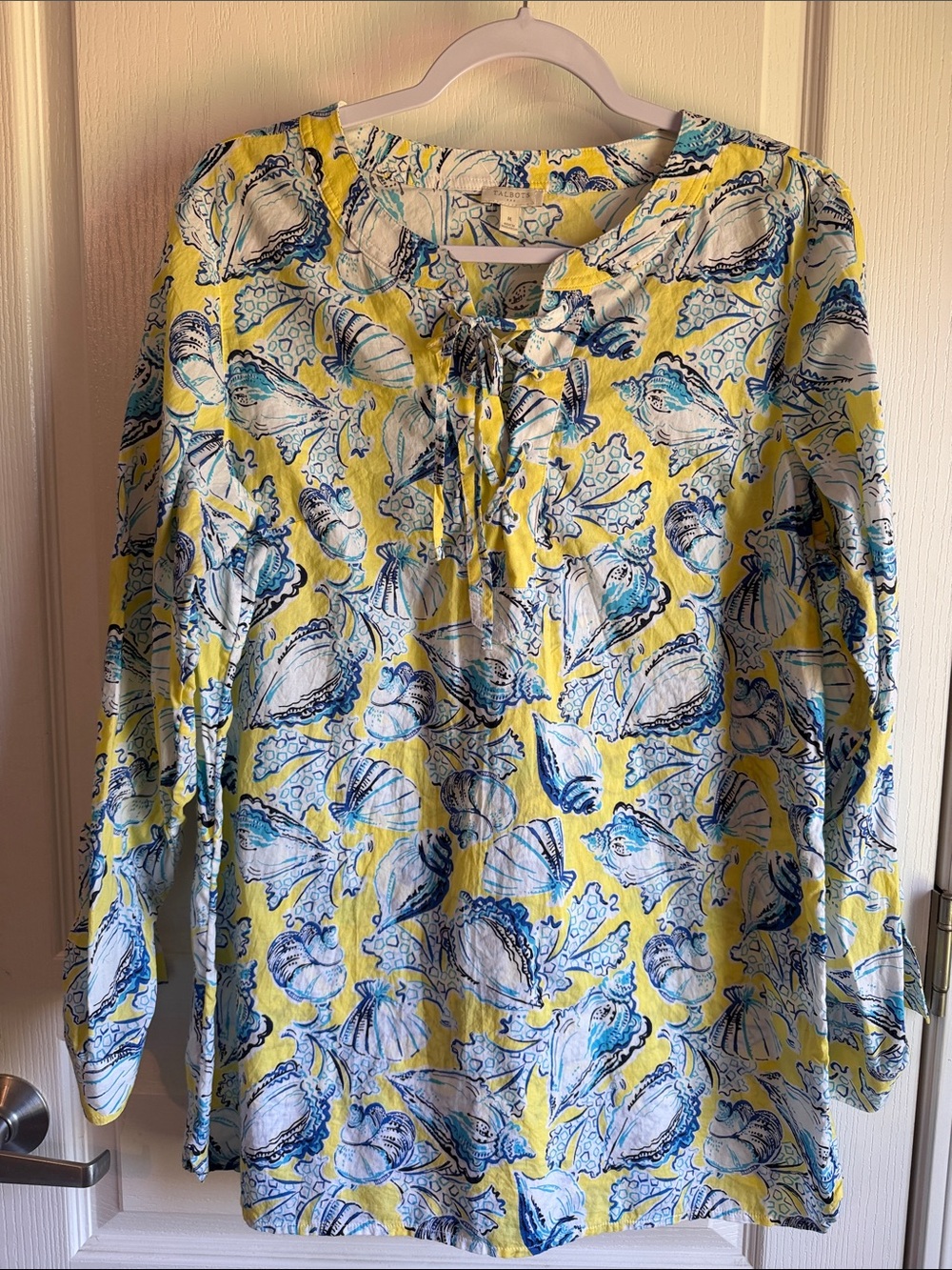 talbots Casual Yellow Seashell Print Tie-Neck Women's Top